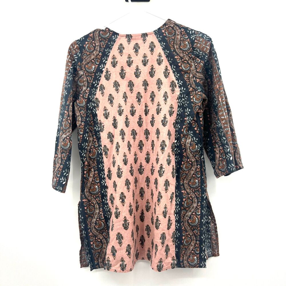 Pure Jill Boho Tunic Top XS Petite Pink Navy Paisley Cotton Linen 3/4 Sleeve - Picture 2 of 4